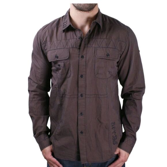 Affliction POWER TRAIN Button Down Shirt in Brown Pinstripe, sz Large - Picture 2 of 16